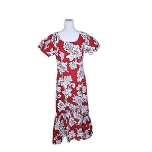 Vintage Puff Sleeve Maxi Hawaiian Muumuu Dress Womens S Red
